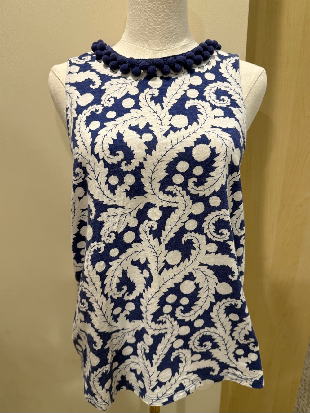 Boden Navy and White Pom-Trim Sleeveless Tank